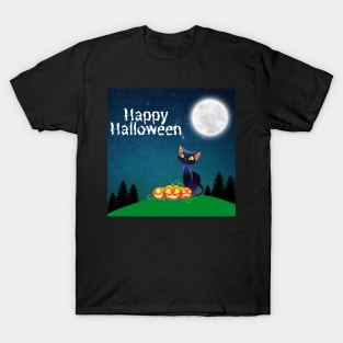 Happy Halloween Black Cat Design T-Shirt